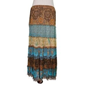 Vintage Tiered Maxi Skirt Sheer Mesh Flroal Lined 00s Y2k Blue Brown Medium